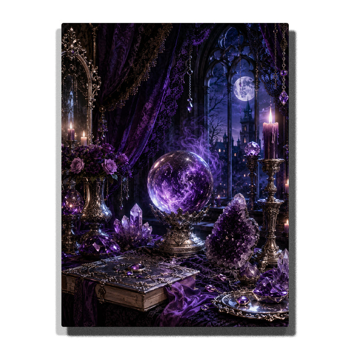 Purple gothic crystal ball on an ornate table with amethyst clusters, violet candles, moonlit arched window, antique book, silver ornaments, and smoky glow Paint by Numbers wall art.