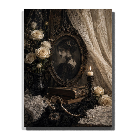 Vintage gothic portrait with white roses, lace drapery, candle, antique books, pearl necklace, and sepia tabletop still life Paint by Numbers wall art.