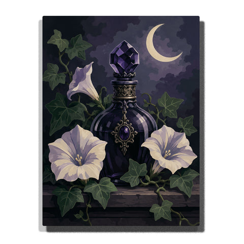 Gothic potion bottle with purple crystal, surrounded by white moonflowers with soft petals, ivy vines, and crescent moon night sky Paint by Numbers artwork.
