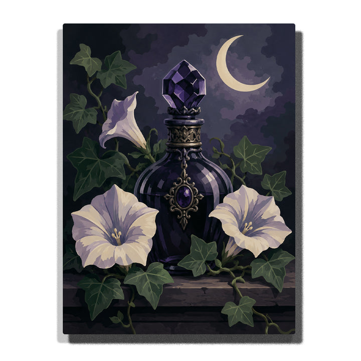 Gothic potion bottle with purple crystal, surrounded by white moonflowers with soft petals, ivy vines, and crescent moon night sky Paint by Numbers artwork.