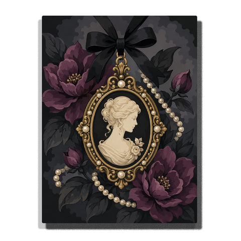 Vintage cameo portrait pendant with gold frame, black ribbon bow, pearl chains, and dark purple floral gothic background Paint by Numbers artwork.