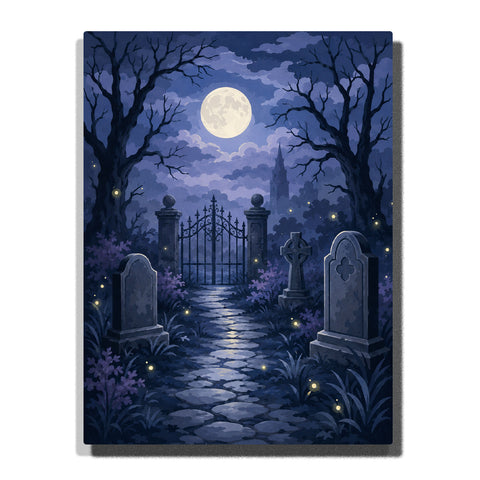 Moonlit cemetery gate with stone pathway, gravestones, bare trees, glowing fireflies, and full moon night sky Paint by Numbers artwork.
