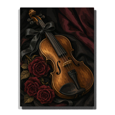 Gothic violin surrounded by red roses and black fabric with ribbon, dramatic floral still life Paint by Numbers artwork.