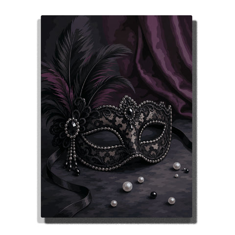 Gothic masquerade mask with black lace, pearl decorations, feather plume, and purple velvet background Paint by Numbers artwork.
