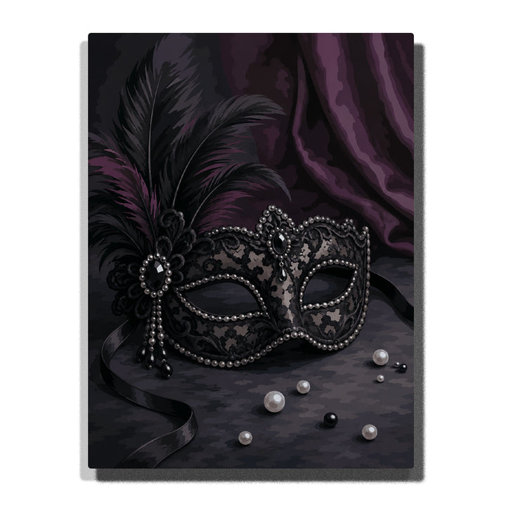 Gothic masquerade mask with black lace, pearl decorations, feather plume, and purple velvet background Paint by Numbers artwork.