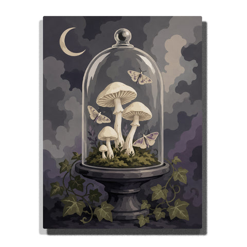 Glass cloche terrarium with mushrooms, moss base, flying moths, crescent moon, and cloudy night sky Paint by Numbers artwork.