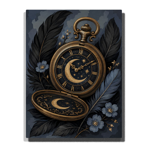 Gothic pocket watch clock with crescent moon dial, Roman numerals, dark feathers, floral accents, and antique gold details Paint by Numbers artwork.
