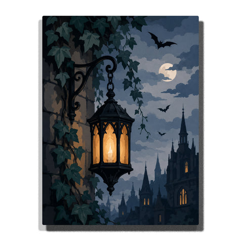 Gothic lantern glowing on ivy-covered wall with full moon, bats flying in night sky, and distant castle silhouette Paint by Numbers artwork.
