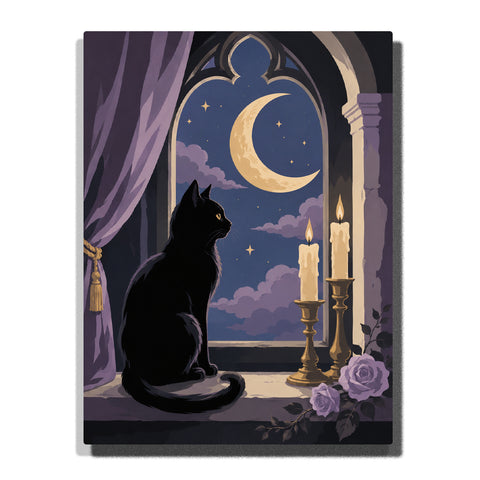 Black cat sitting on gothic windowsill looking at crescent moon in night sky with candles, curtains, and arched window frame Paint by Numbers artwork.