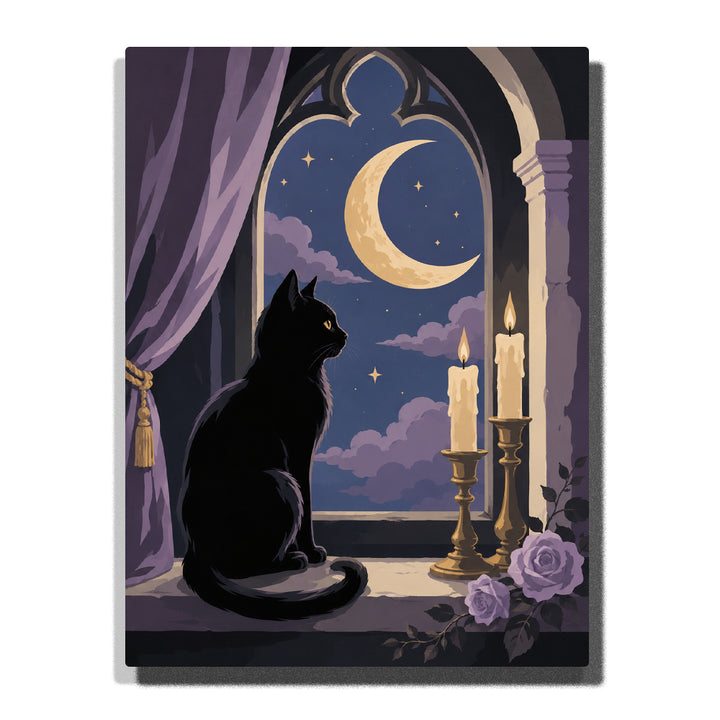Black cat sitting on gothic windowsill looking at crescent moon in night sky with candles, curtains, and arched window frame Paint by Numbers artwork.