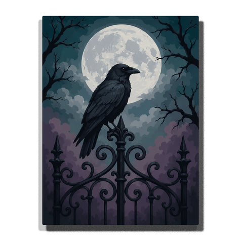 Raven perched on ornate iron gate with full moon, twisted trees, and dark cloudy night sky Paint by Numbers artwork.