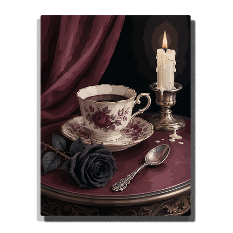 Gothic still life with floral teacup, candle, black rose, silver spoon, and burgundy fabric on vintage table Paint by Numbers artwork.