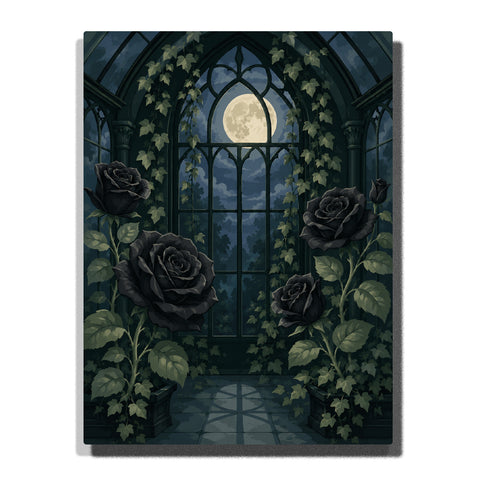 Gothic glasshouse window covered with ivy, black roses, arched frames, and full moon night sky Paint by Numbers artwork.