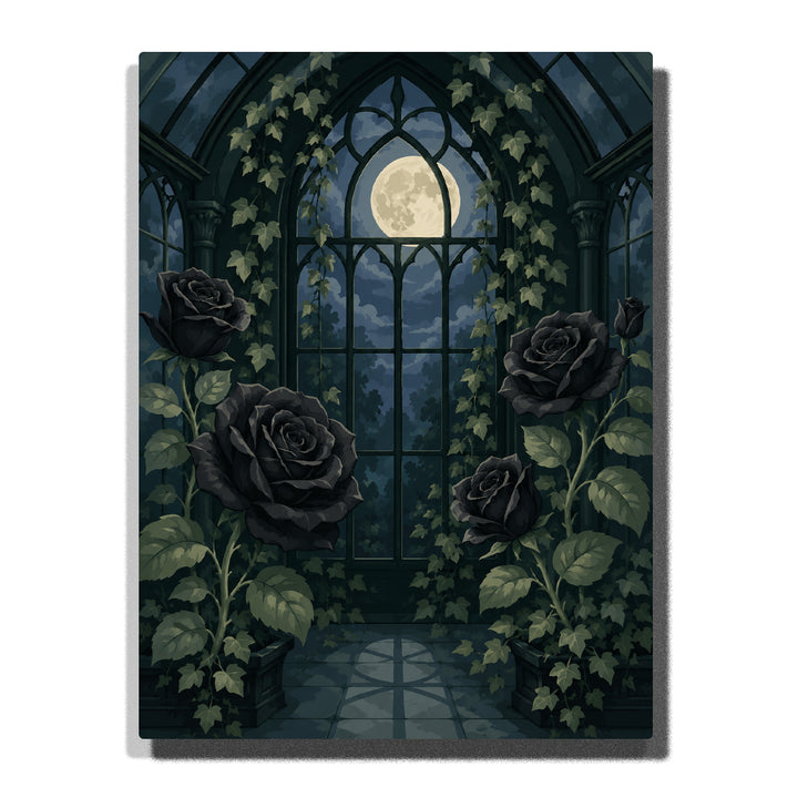 Gothic glasshouse window covered with ivy, black roses, arched frames, and full moon night sky Paint by Numbers artwork.