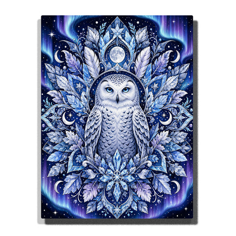 Mystical snowy owl with crystal feather mandala pattern, moon symbols, icy blue feathers and symmetrical celestial design Paint by Numbers artwork by PaintEasy