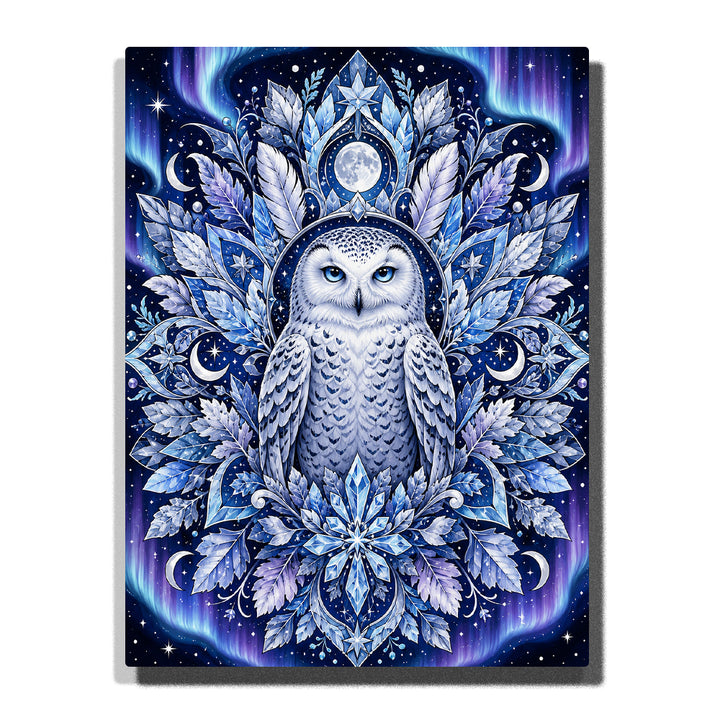 Mystical snowy owl with crystal feather mandala pattern, moon symbols, icy blue feathers and symmetrical celestial design Paint by Numbers artwork by PaintEasy