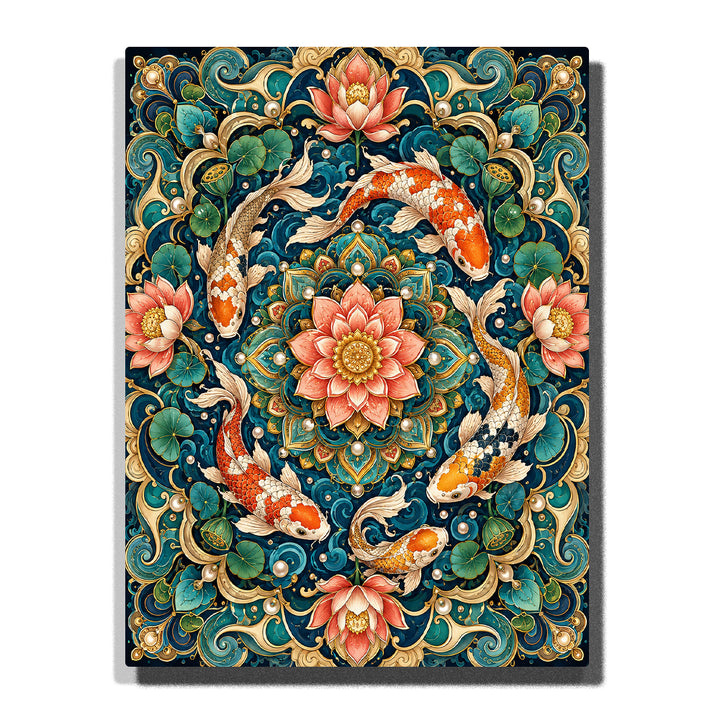 Koi fish lotus mandala with golden waves, teal water patterns, lotus flowers and symmetrical oriental design Paint by Numbers artwork by PaintEasy