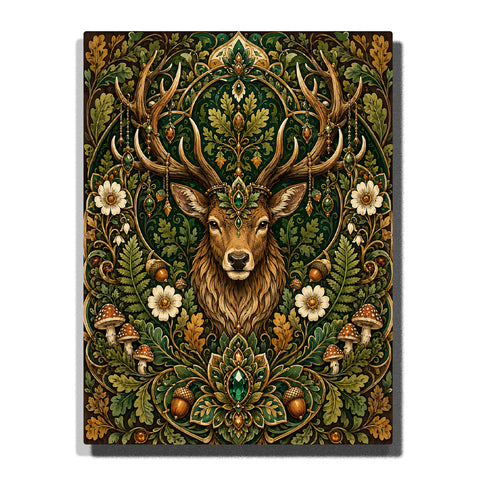 Mystic emerald stag mandala with woodland botanical pattern, emerald gemstones, oak leaves, mushrooms, acorns and symmetrical forest design Paint by Numbers artwork by PaintEasy