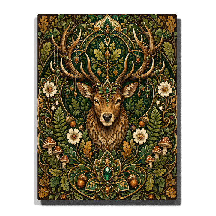 Mystic emerald stag mandala with woodland botanical pattern, emerald gemstones, oak leaves, mushrooms, acorns and symmetrical forest design Paint by Numbers artwork by PaintEasy