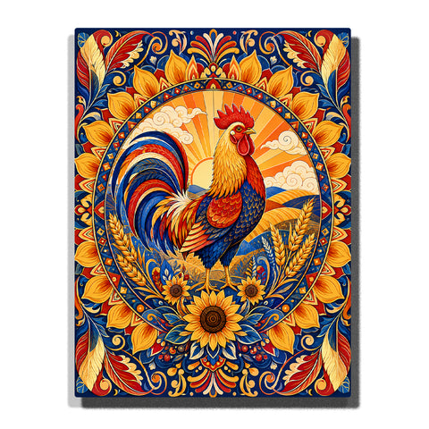 Solar Relic rooster mandala with sunflowers, golden harvest wheat, sunrise, decorative feathers and symmetrical ornamental pattern Paint by Numbers artwork by PaintEasy