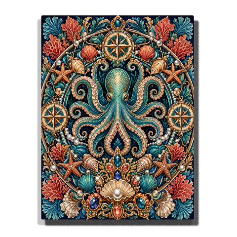 Mystical octopus with ocean treasures, seashells, coral, starfish, compass symbols and symmetrical marine mandala pattern Paint by Numbers artwork by PaintEasy