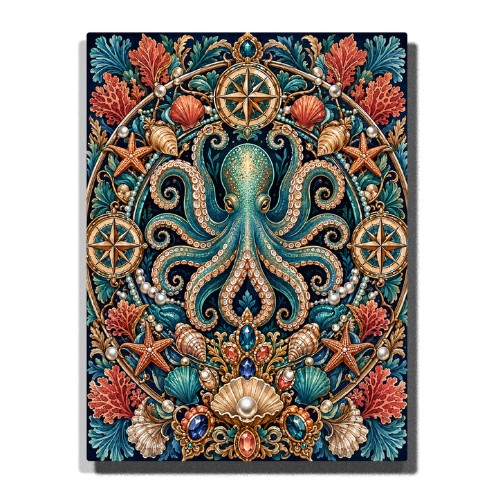 Mystical octopus with ocean treasures, seashells, coral, starfish, compass symbols and symmetrical marine mandala pattern Paint by Numbers artwork by PaintEasy