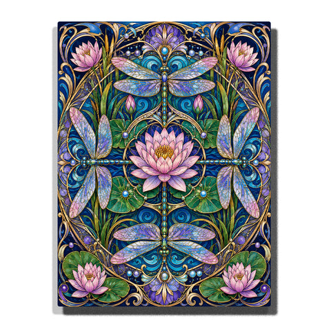 Lotus flower mandala with dragonflies, jewel tone water patterns, lily pads and botanical symmetry Paint by Numbers artwork by PaintEasy