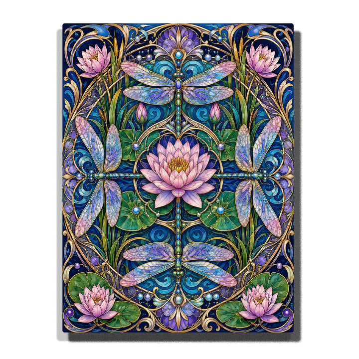 Lotus flower mandala with dragonflies, jewel tone water patterns, lily pads and botanical symmetry Paint by Numbers artwork by PaintEasy