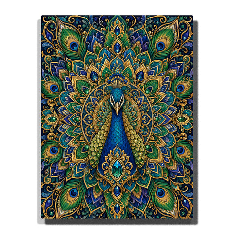 Majestic blue peacock with ornamental feather mandala pattern, emerald green feathers and gold decorative details Paint by Numbers artwork by PaintEasy