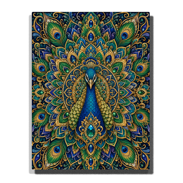 Majestic blue peacock with ornamental feather mandala pattern, emerald green feathers and gold decorative details Paint by Numbers artwork by PaintEasy