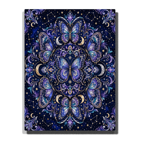 Mystical butterfly with cosmic celestial pattern, crescent moons, starry sky, blue and purple butterflies, floral ornaments and symmetrical decorative design Paint by Numbers artwork by PaintEasy