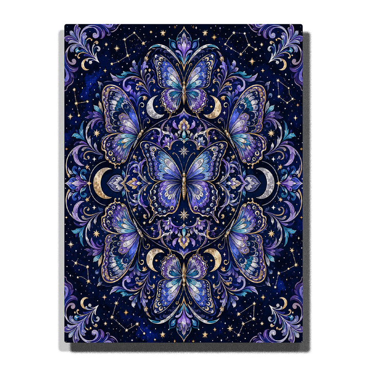 Mystical butterfly with cosmic celestial pattern, crescent moons, starry sky, blue and purple butterflies, floral ornaments and symmetrical decorative design Paint by Numbers artwork by PaintEasy