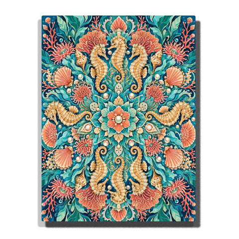Blue ocean seahorse mandala with coral reef, seashells, pearls, sea plants and symmetrical marine pattern Paint by Numbers artwork by PaintEasy