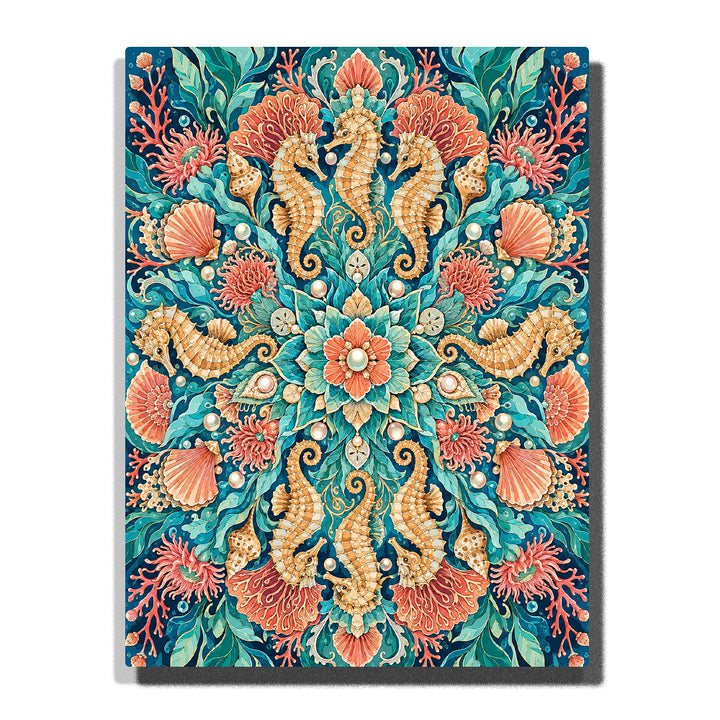 Blue ocean seahorse mandala with coral reef, seashells, pearls, sea plants and symmetrical marine pattern Paint by Numbers artwork by PaintEasy