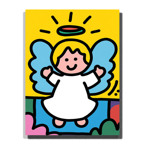 Paint by Numbers Kit – A Joyful Little Angel with Open Wings and a Bright Halo in a Playful Pop Art Style Scene – PaintEasy