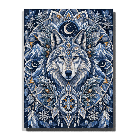 Mystical wolf with celestial winter mandala pattern, snowflakes, moon symbols, icy mountains and symmetrical geometric design Paint by Numbers artwork by PaintEasy