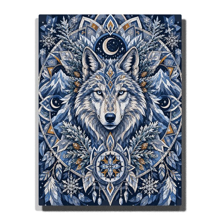 Mystical wolf with celestial winter mandala pattern, snowflakes, moon symbols, icy mountains and symmetrical geometric design Paint by Numbers artwork by PaintEasy