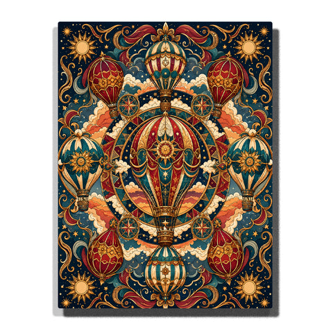 Golden hot air balloon mandala with celestial stars, compass symbols, vintage travel elements and symmetrical ornamental pattern Paint by Numbers artwork by PaintEasy