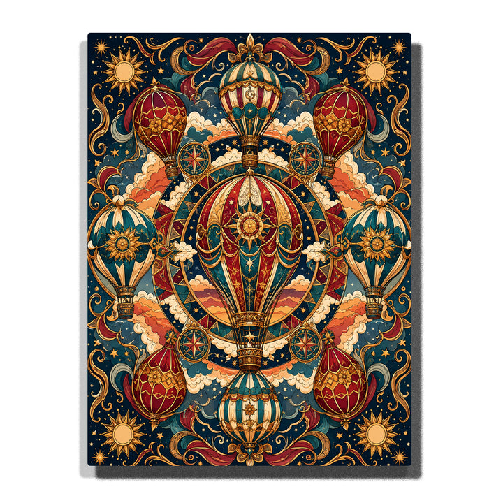 Golden hot air balloon mandala with celestial stars, compass symbols, vintage travel elements and symmetrical ornamental pattern Paint by Numbers artwork by PaintEasy