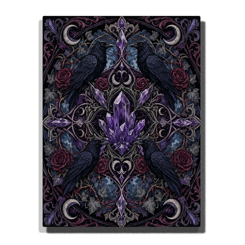 Ancient raven crystal mandala with moon, sacred geometry, purple crystals, gothic roses and symmetrical celestial pattern Paint by Numbers artwork by PaintEasy