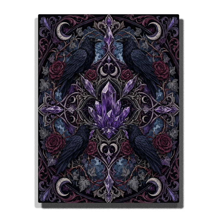 Ancient raven crystal mandala with moon, sacred geometry, purple crystals, gothic roses and symmetrical celestial pattern Paint by Numbers artwork by PaintEasy