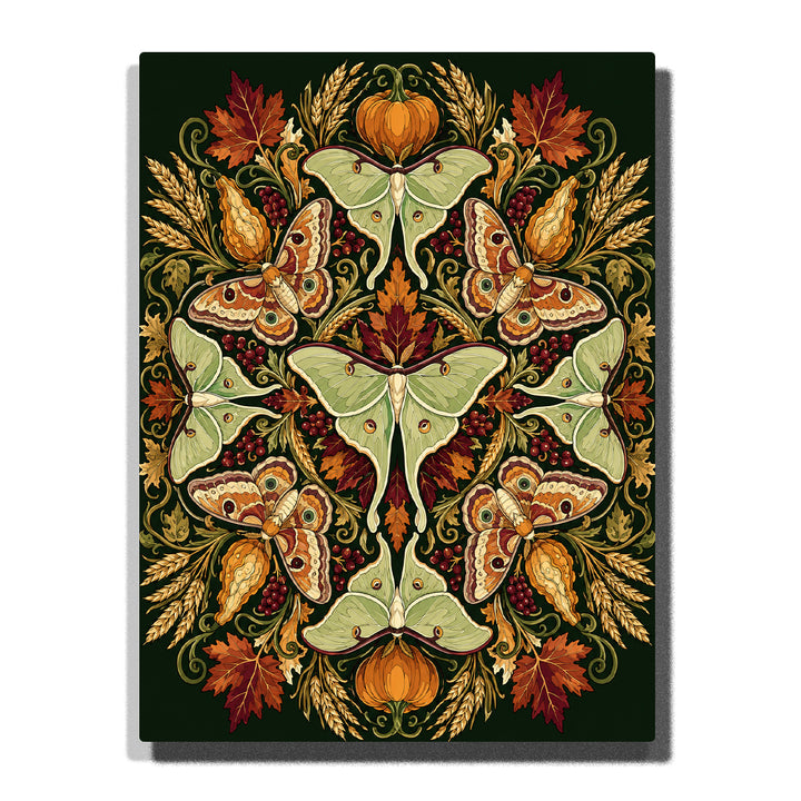Earth-tone luna moth mandala with autumn leaves, pumpkins, berries, wheat and symmetrical harvest botanical pattern Paint by Numbers artwork by PaintEasy