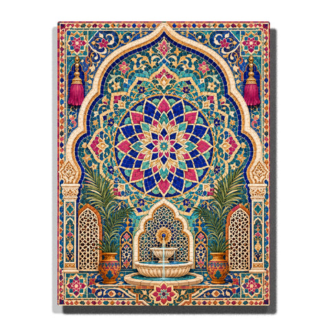 Golden stone arch mandala with Islamic mosaic pattern, geometric tiles, water fountain and symmetrical architectural design Paint by Numbers artwork by PaintEasy