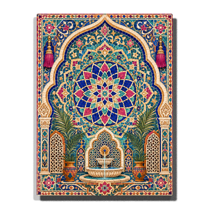 Golden stone arch mandala with Islamic mosaic pattern, geometric tiles, water fountain and symmetrical architectural design Paint by Numbers artwork by PaintEasy