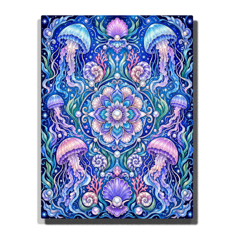 Mystical jellyfish ocean mandala with coral, seashells, pearls and symmetrical underwater pattern Paint by Numbers artwork by PaintEasy