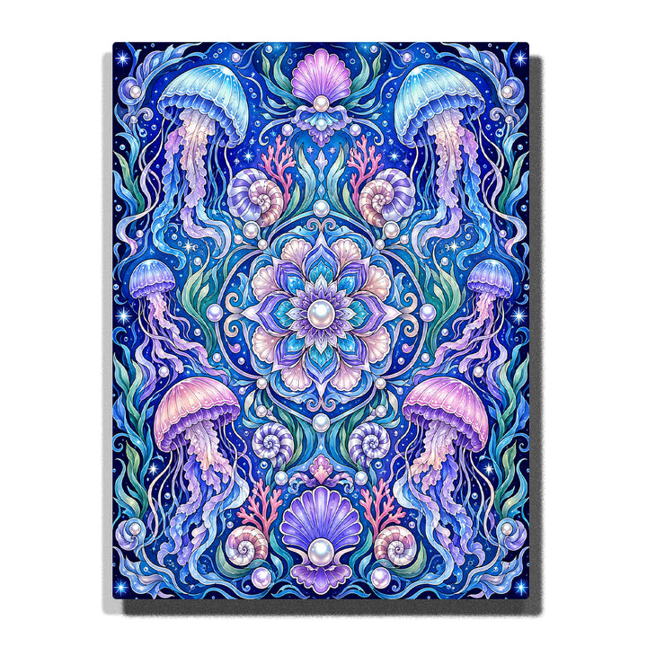 Mystical jellyfish ocean mandala with coral, seashells, pearls and symmetrical underwater pattern Paint by Numbers artwork by PaintEasy
