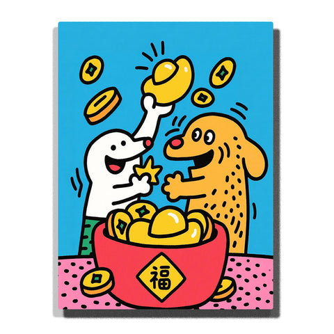 Cute cartoon white dog and yellow dog happily playing with gold ingots and coins from a red treasure bowl with Chinese "Fu" (fortune) character on pink background — PaintEasy Home Decor - Animal Paint by Numbers artwork