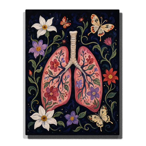Floral Lungs Paint by Numbers For Adults featuring pink anatomical lungs filled with red purple and blue flowers, surrounded by wildflowers, vines and butterflies on dark background
