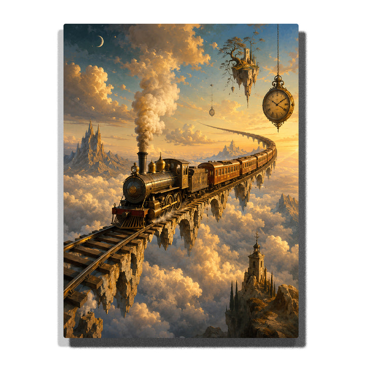 Salvador Dali inspired surreal flying train above clouds with fantasy railway, antique clock, floating structures and dreamlike landscape Paint by Numbers by PaintEasy