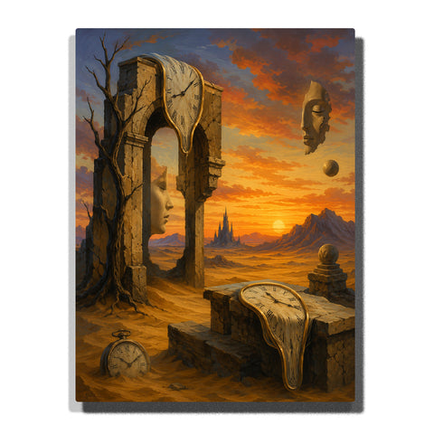 Salvador Dali inspired surreal desert landscape with melting clocks, ancient stone arch, floating objects, sunset sky and dreamlike fantasy artwork Paint by Numbers by PaintEasy